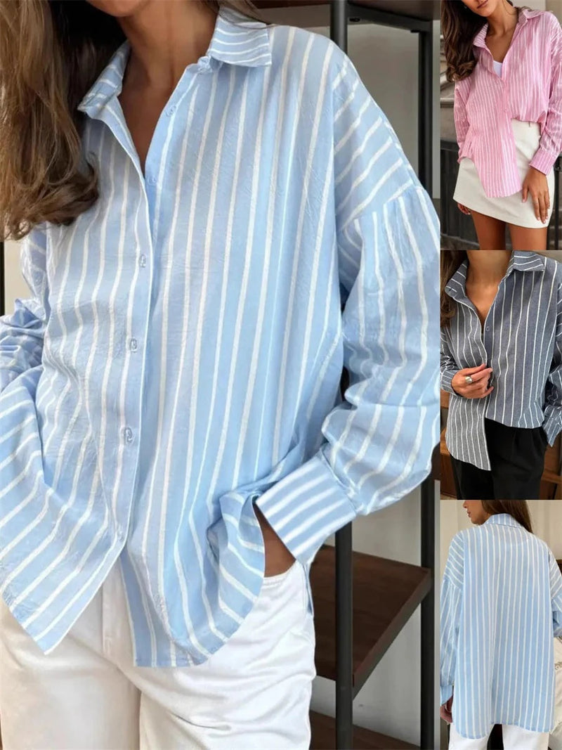 Casual Stripe Lapel Long Sleeve Shirt