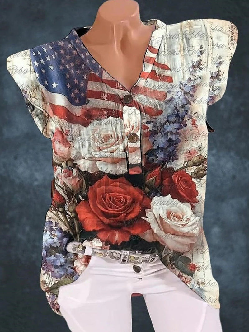 Chic V-Neck Floral Print Short Sleeve Blouse