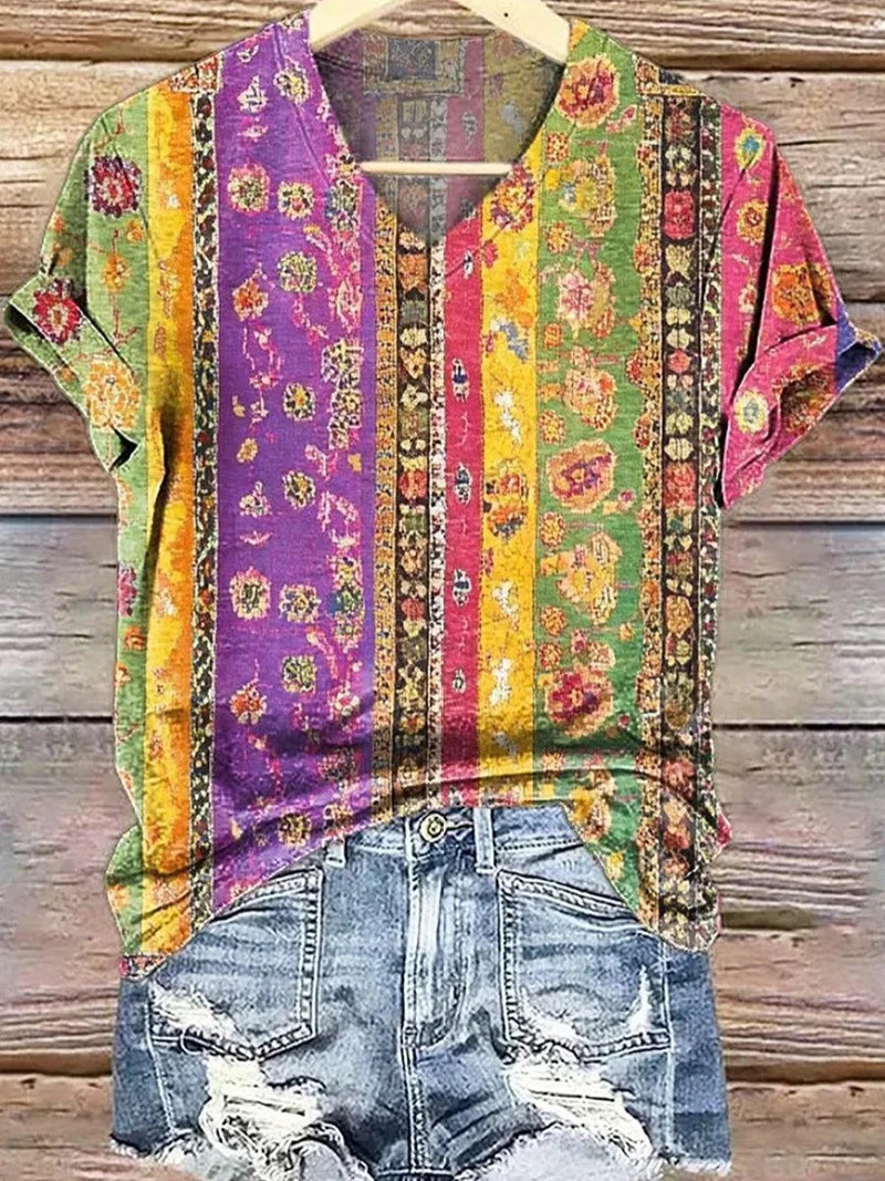 Bright V-Neck Short Sleeve Blouse