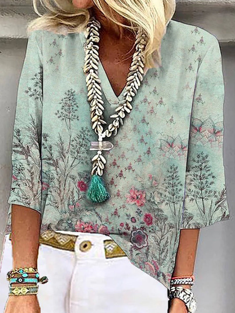 3/4 Green Floral Printed V-Neck Blouse