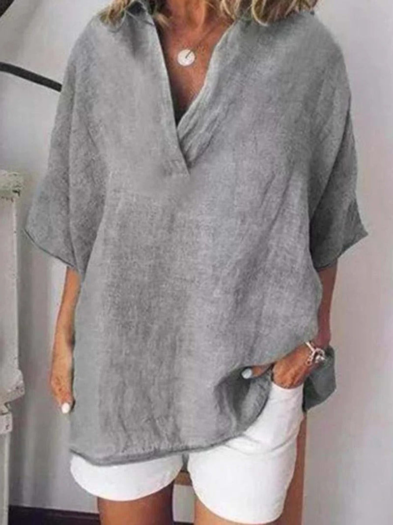 Solid Color V-Neck Cotton Shirt Pullover Blouse