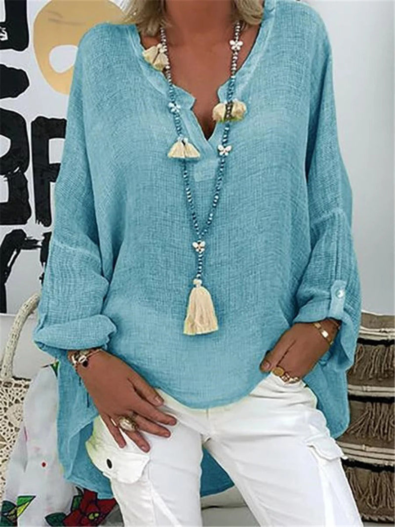 Casual Cotton Linen Solid Color V-Neck Long Sleeve Blouse