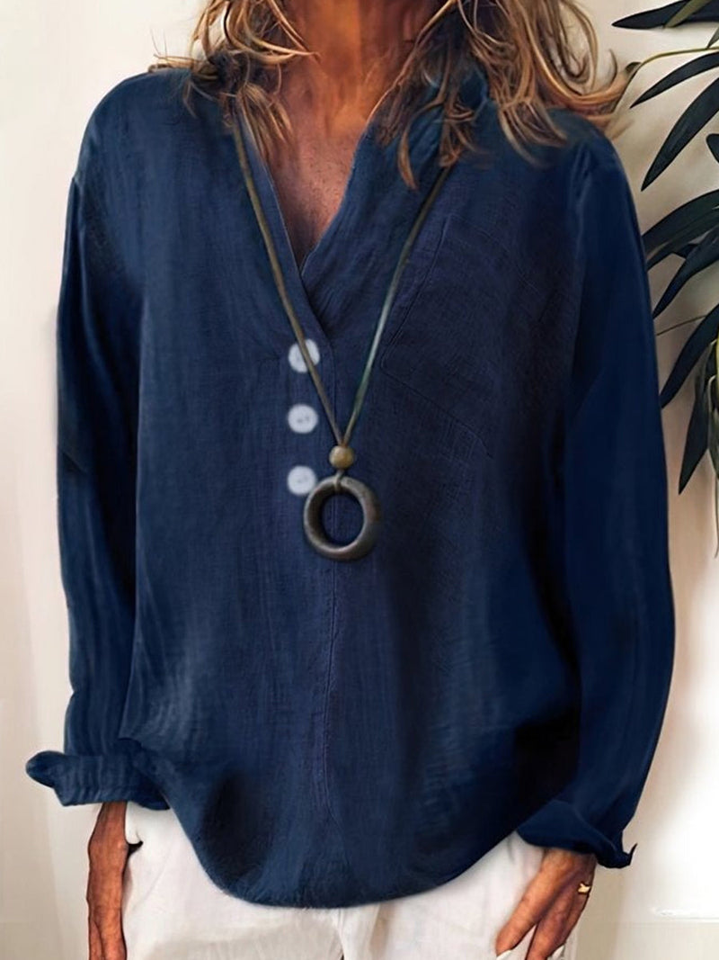 Plain Solid Button V-Neck Casual Cotton Long Sleeve Blouse