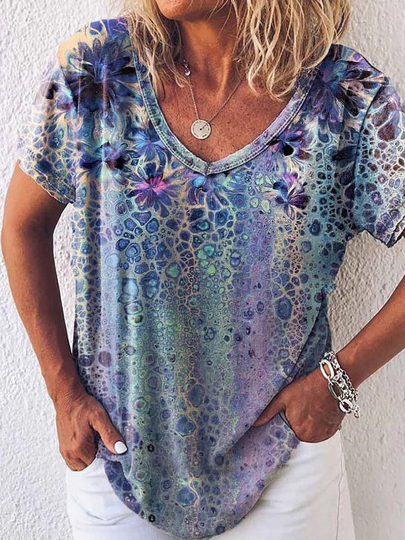 Multi Casual V-Neck Printed Short Sleeve Blouse