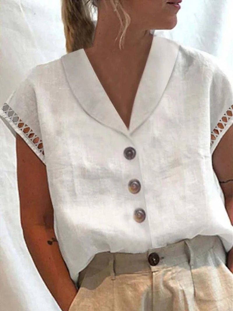 White Casual V-Neck Solid Short Sleeve Blouse