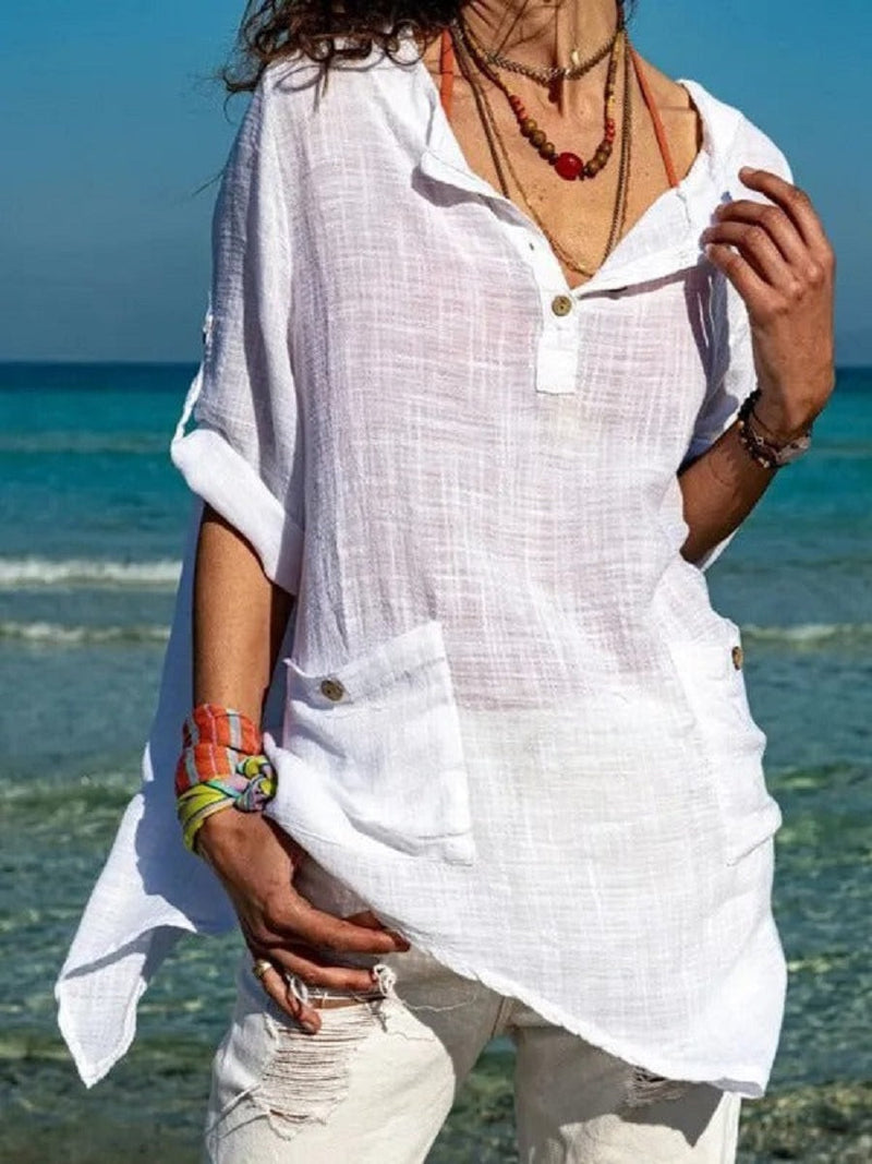 White Casual V-Neck Solid Long Sleeve Blouse