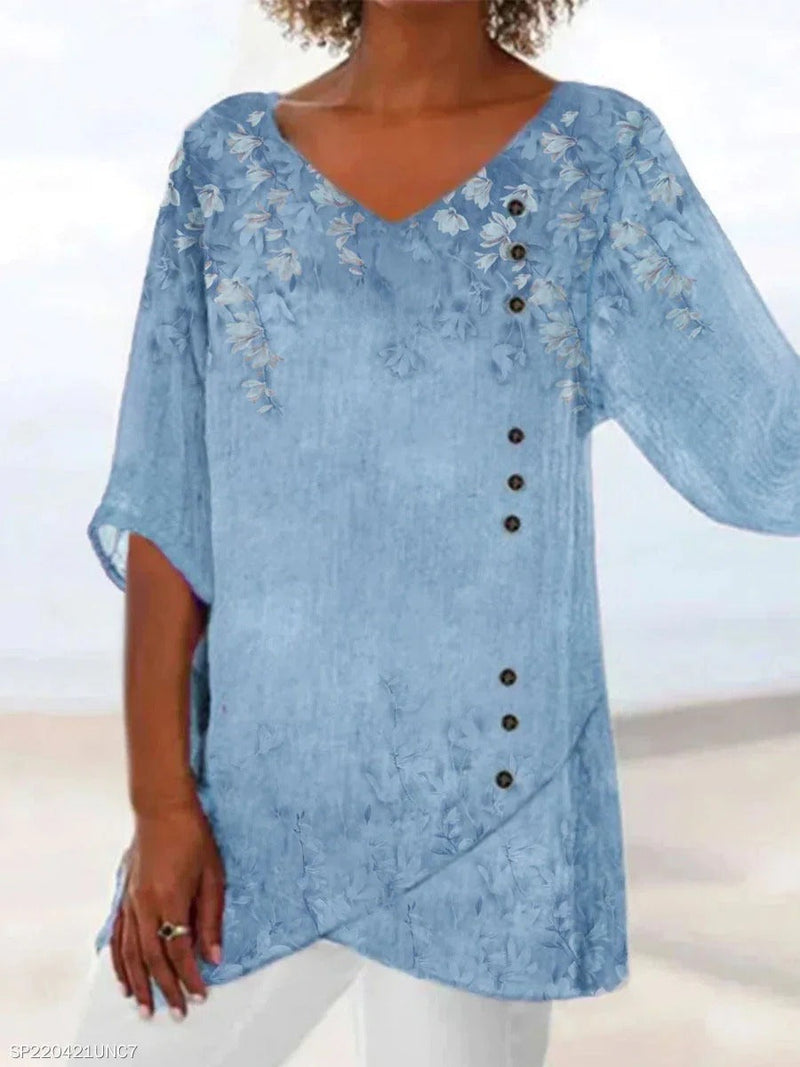 Blue Casual V-Neck Floral Printed Half Sleeve Blouse