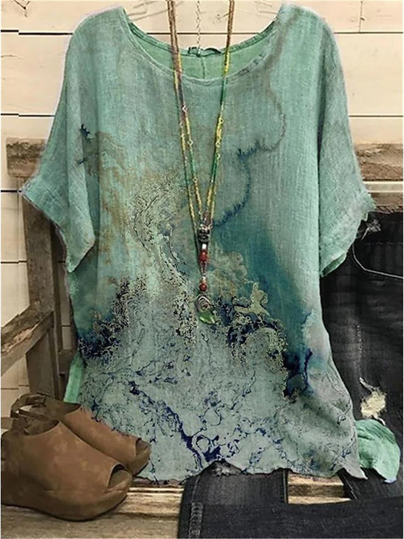 Green Casual Graphic Round Neck Printed Short Sleeve Blouse