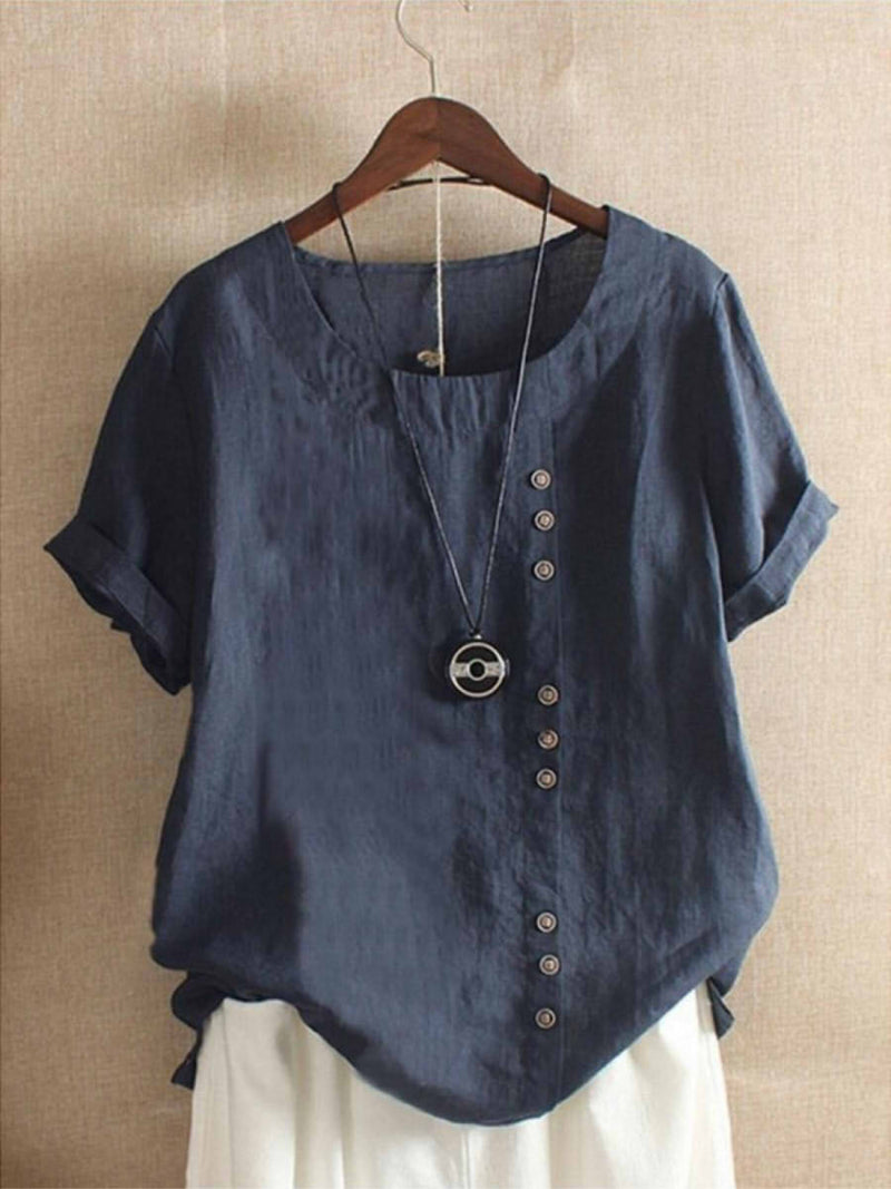 Casual Women's Short Sleeve Cotton Blouse with Side Fastenings