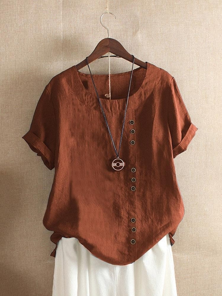 Casual Women's Short Sleeve Cotton Blouse with Side Fastenings