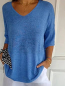 Women's Casual V-Neck 3/4 Sleeve Relaxed Knit Top