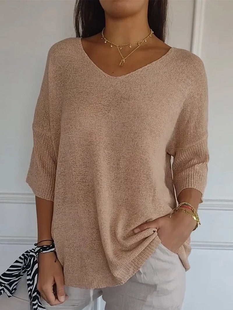Women's Casual V-Neck 3/4 Sleeve Relaxed Knit Top