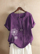 Cotton Short Sleeve Women's Top with Dandelion Print & Buttons
