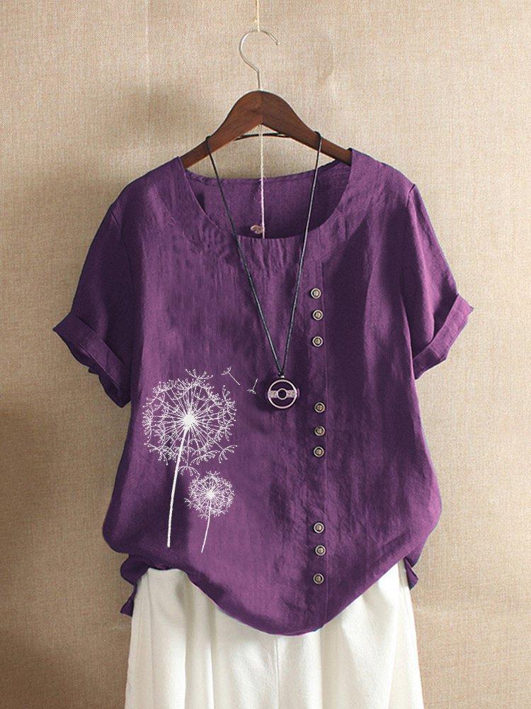 Cotton Short Sleeve Women's Top with Dandelion Print & Buttons