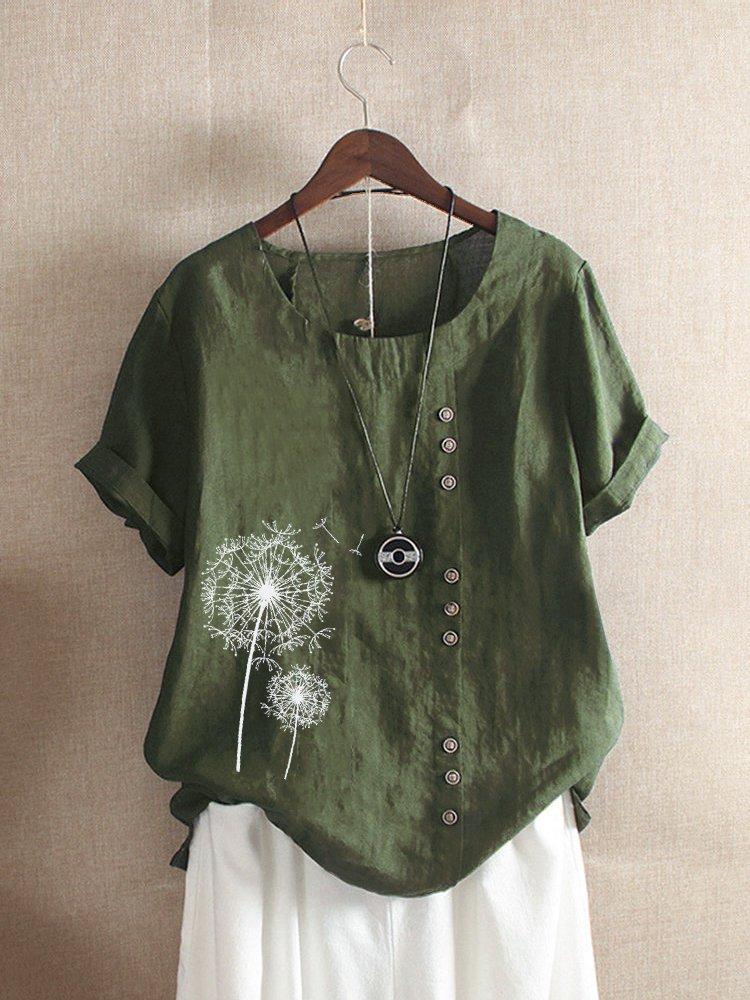 Cotton Short Sleeve Women's Top with Dandelion Print & Buttons