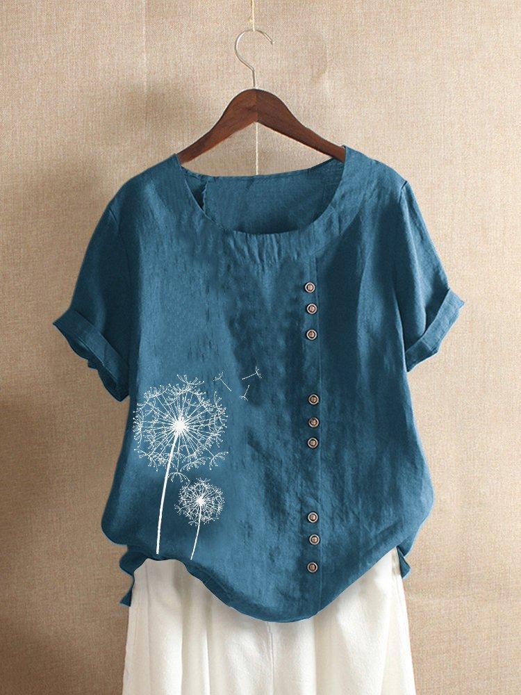 Cotton Short Sleeve Women's Top with Dandelion Print & Buttons