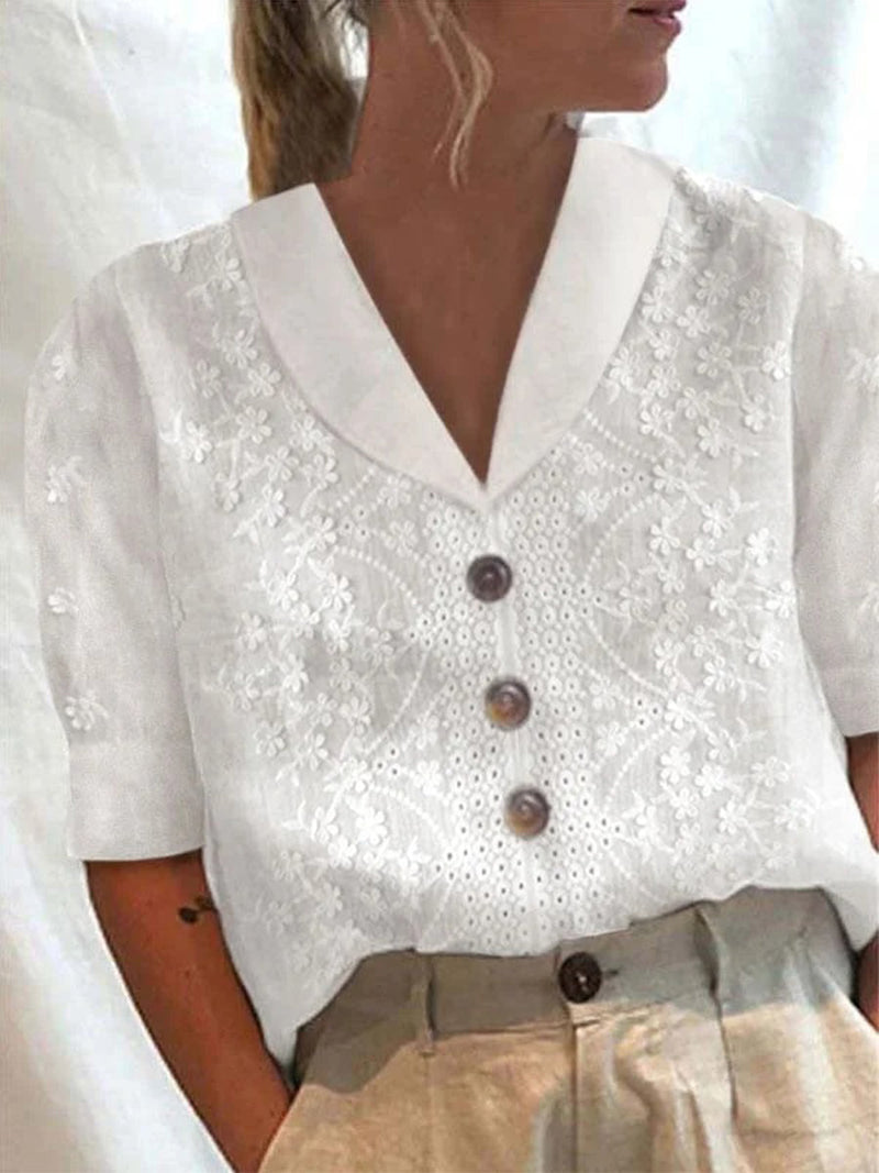 Cotton Short Sleeve Embroidered Lace Floral Front-Button Blouse