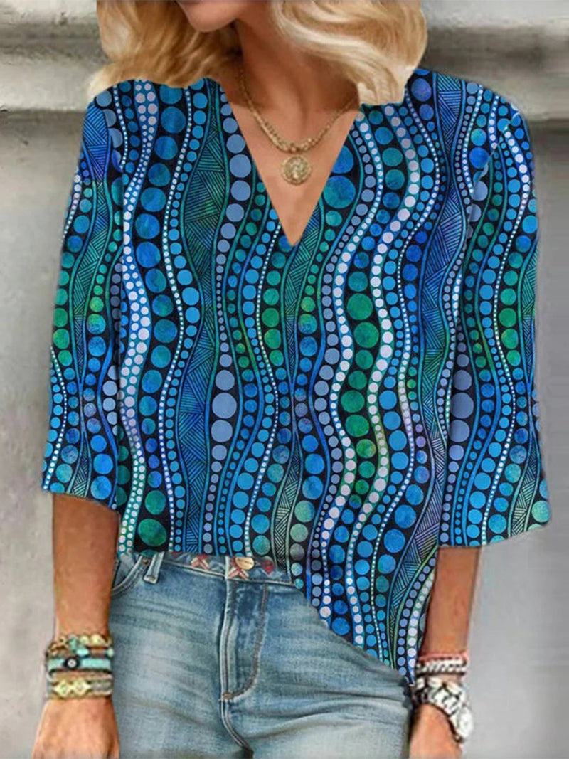 Vintage Abstract Polka Dot Print V-neck 3/4 Sleeve Blouse