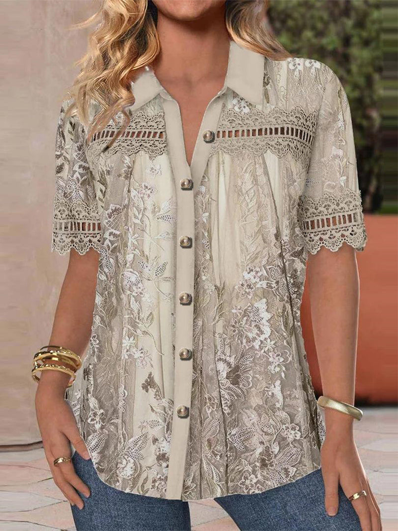 Women's Floral Lace Trim Button Front Short Sleeve Collar Blouse