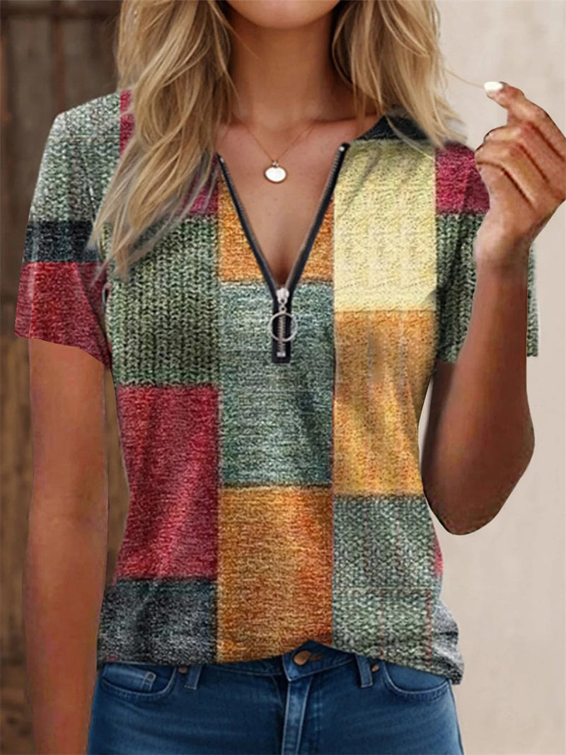 Relaxed Fit Zipper V-Neck T-Shirt