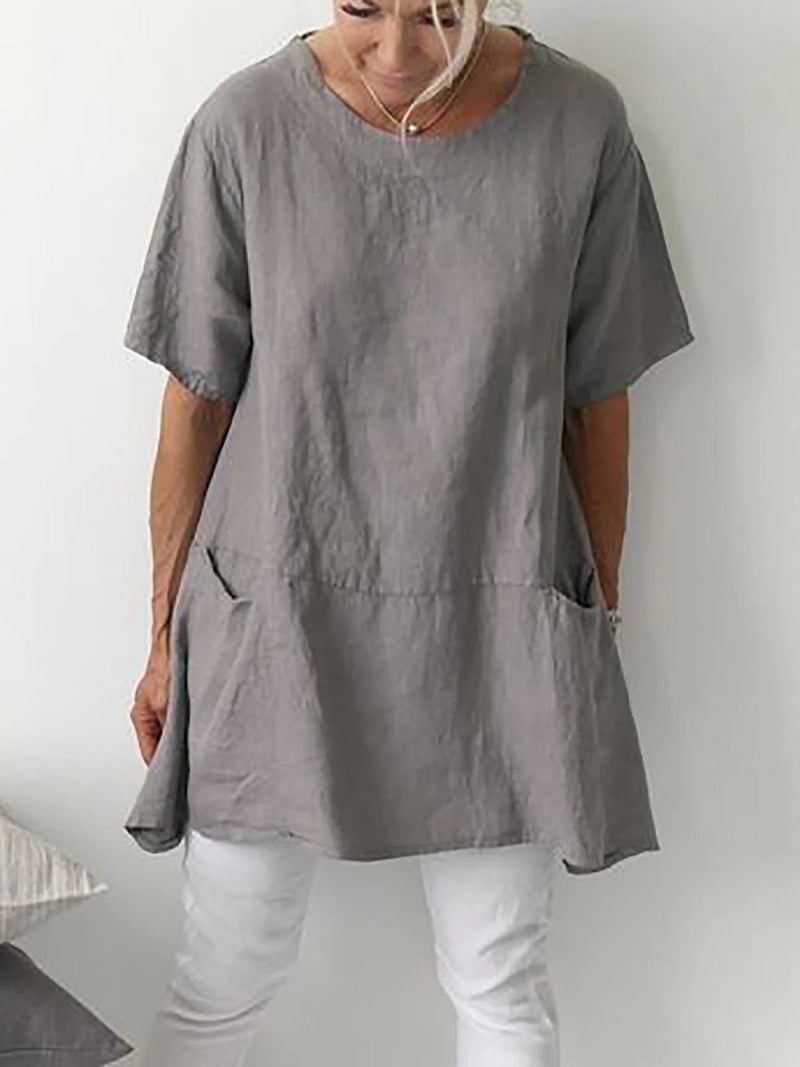 Solid Crew Neck Short Sleeve Pocket Shirt