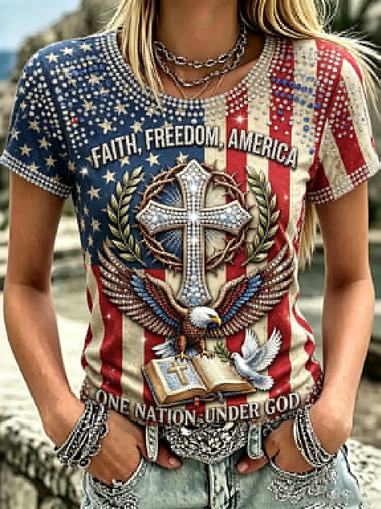 One Nation Under God American Flag Eagle & Cross Art Pattern T-shirt