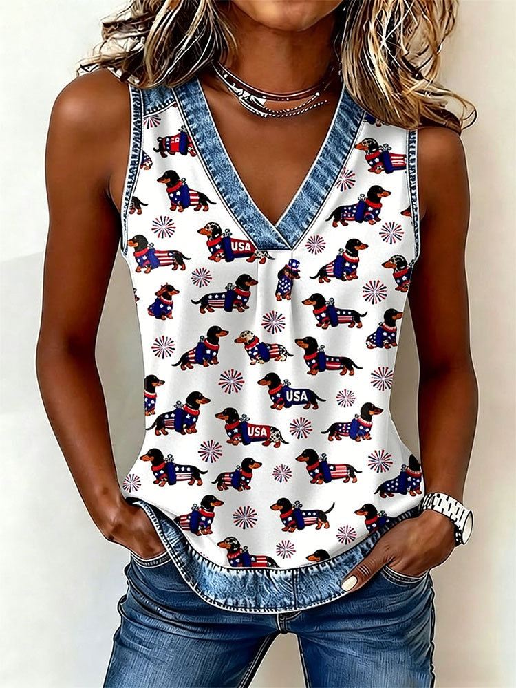 Vintage Independence Day Dog Print V-neck Tank Top