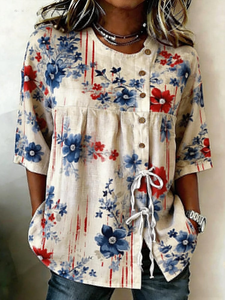 Anniversary Print Half Sleeve Casual Blouse