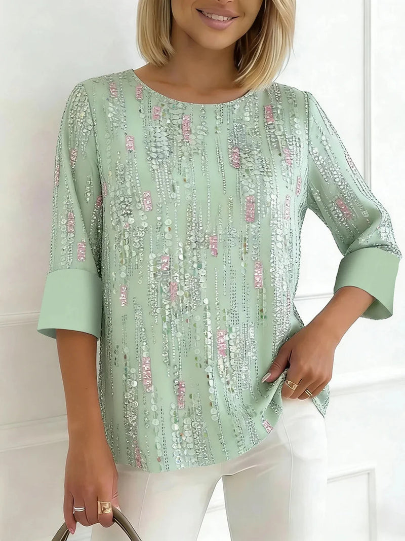 Sequin Print Round Neck 3/4 Sleeve Top