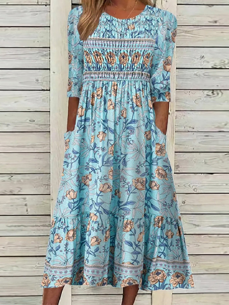 Floral Smocked Half Sleeve Boho Midi Dress with Pockets for Women