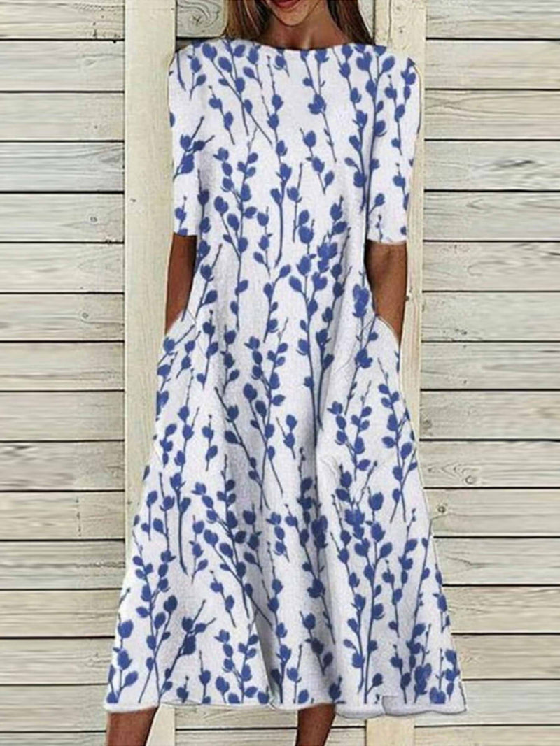 Blue Botanical Print Half Sleeve Relaxed Midi Dress with Pockets
