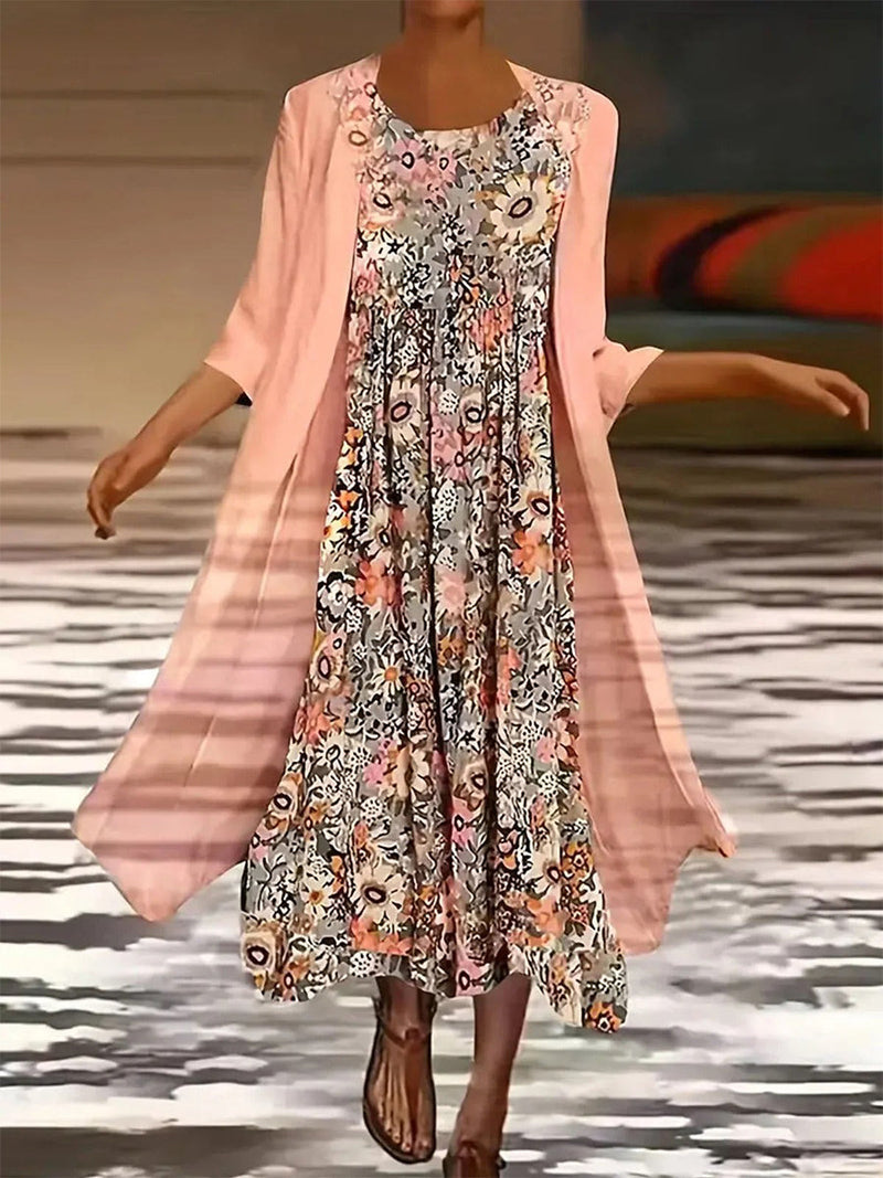 Floral Midi Dress and Front-Open Cardigan Two-Piece Set for Women