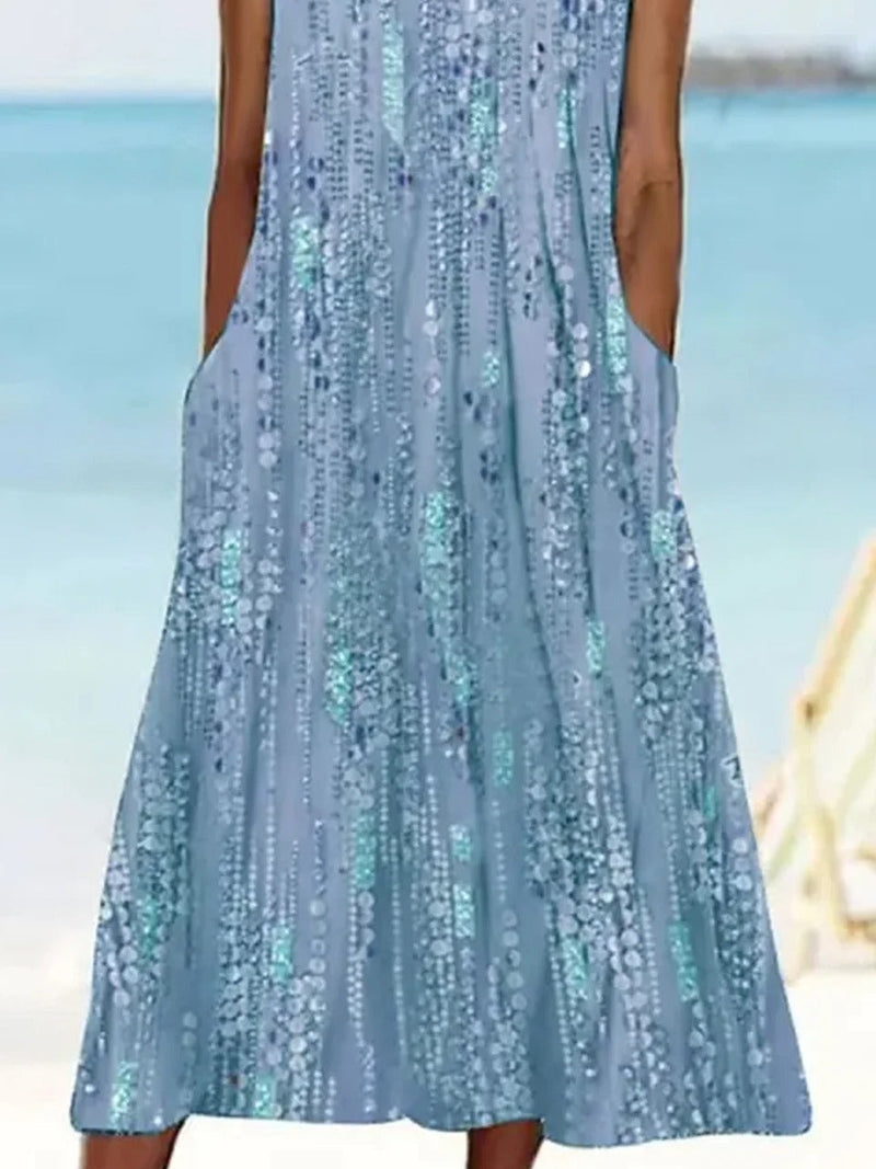 Sleeveless Blue Floral Print Casual Maxi Dress with Pockets for Women
