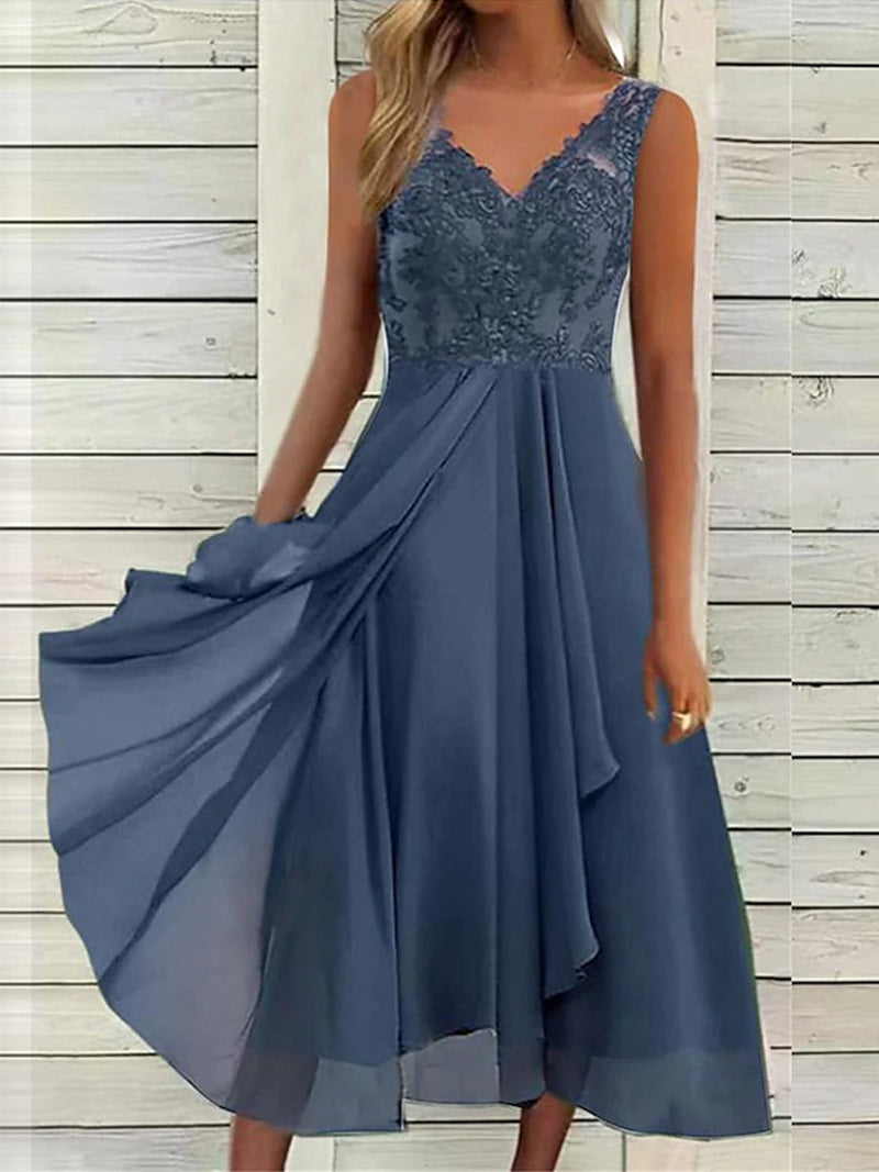 Elegant Lace Bodice Asymmetric Hem Midi Dress for Women