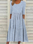 Women's Striped Half Sleeve Loose Fit Midi Dress with Pockets