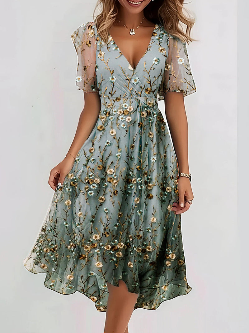 Elegant Floral Print V-neck Short Sleeve Midi Dress