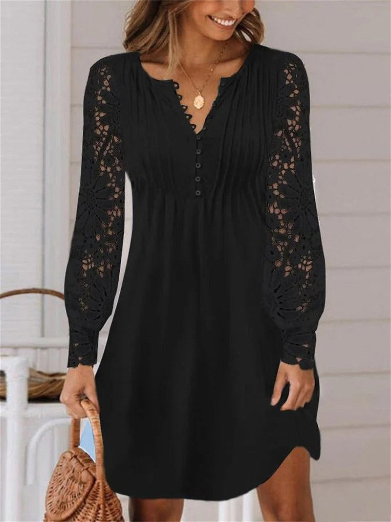 Casual Solid V Neck Long Sleeve Midi Dress