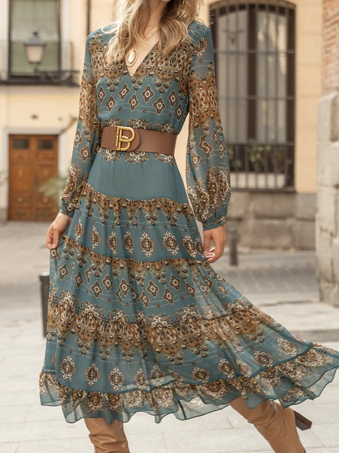 Ethnic V-neck Long Sleeve Comfy Midi Dress