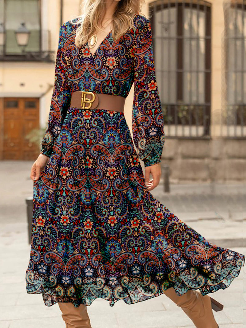 Ethnic V-neck Long Sleeve Comfy Midi Dress