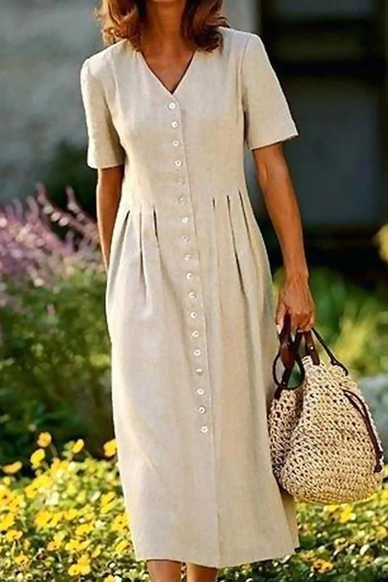 Casual Plain Dress Cotton Linen Midi Dress