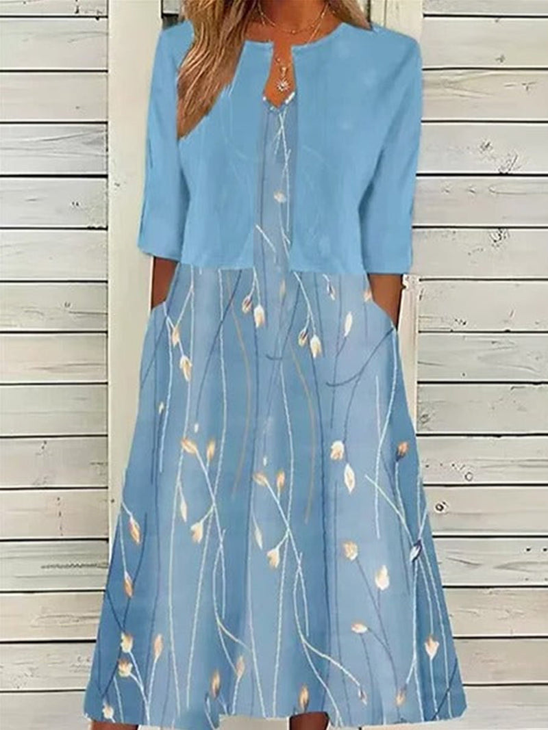 Relaxed V-Neck Color Block Two-Piece Midi Dress for Vacation