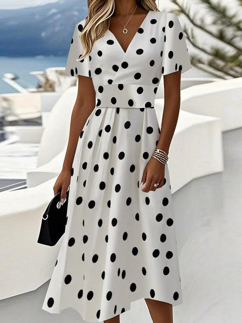 Classic Polka Dot V-Neck Short Sleeve Midi Dress