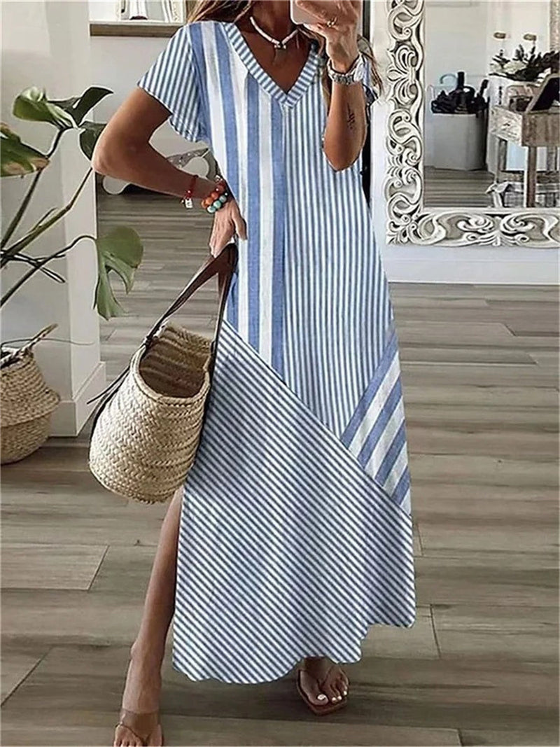 Casual Blue Striped V-neck Short Sleeve Maxi Dress