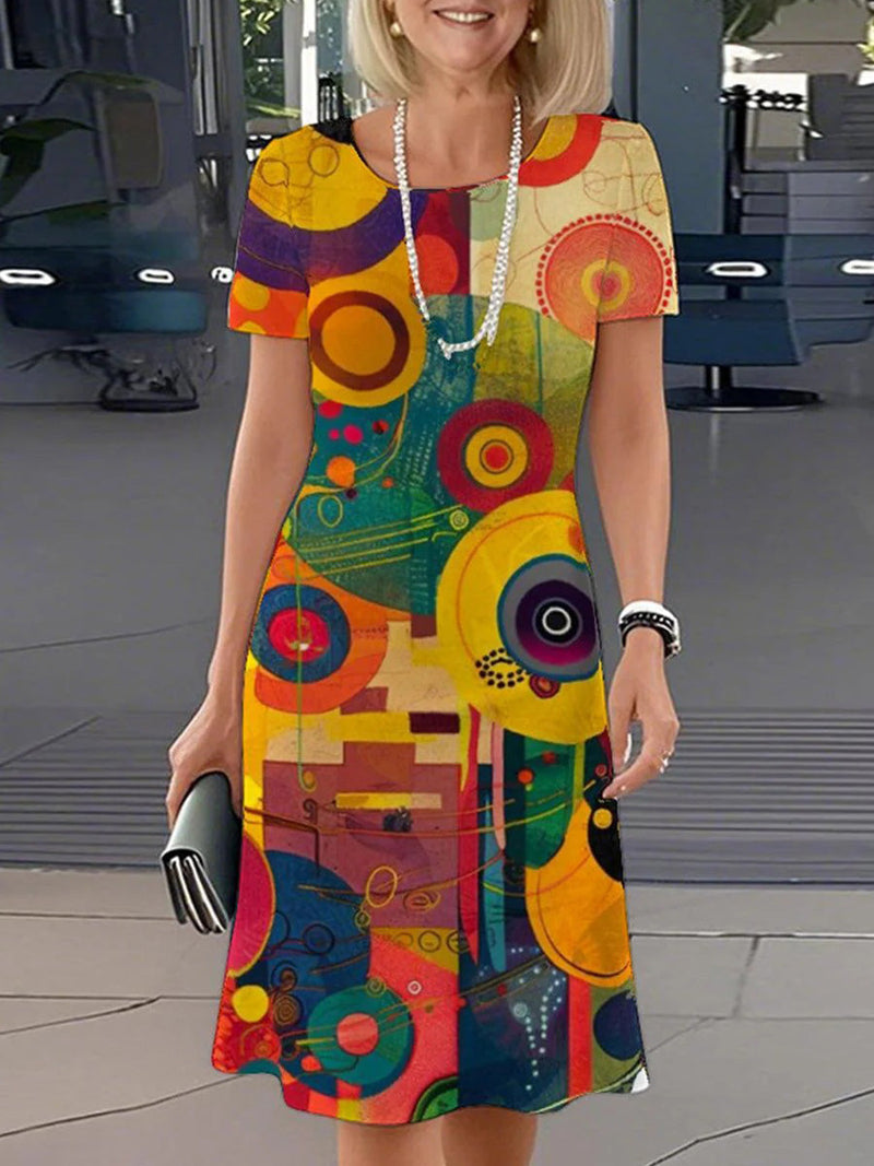 Chic Multicolor Round Neck Short Sleeve Mini Dress