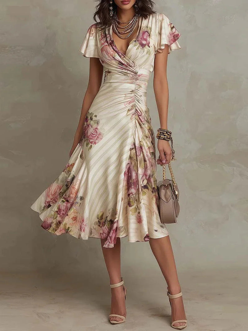 Short Sleeve Groovy Floral Print Midi Dress