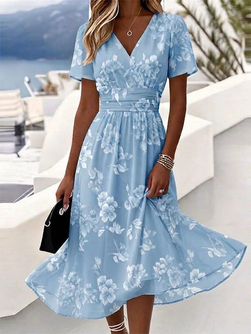 Floral Print V Neck Short Sleeve Beach Dress A-Line Dress