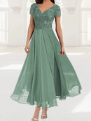 Elegant Plain Lace V-neck Short Sleeve Dress