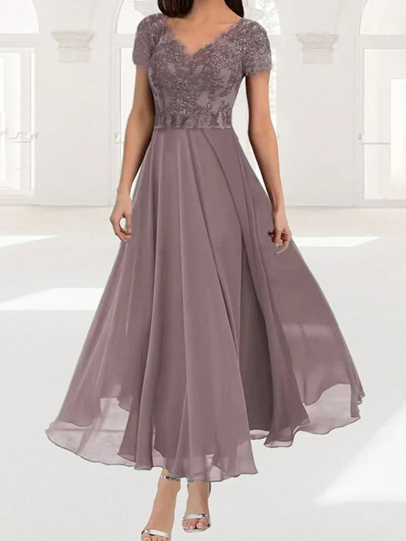 Elegant Plain Lace V-neck Short Sleeve Dress