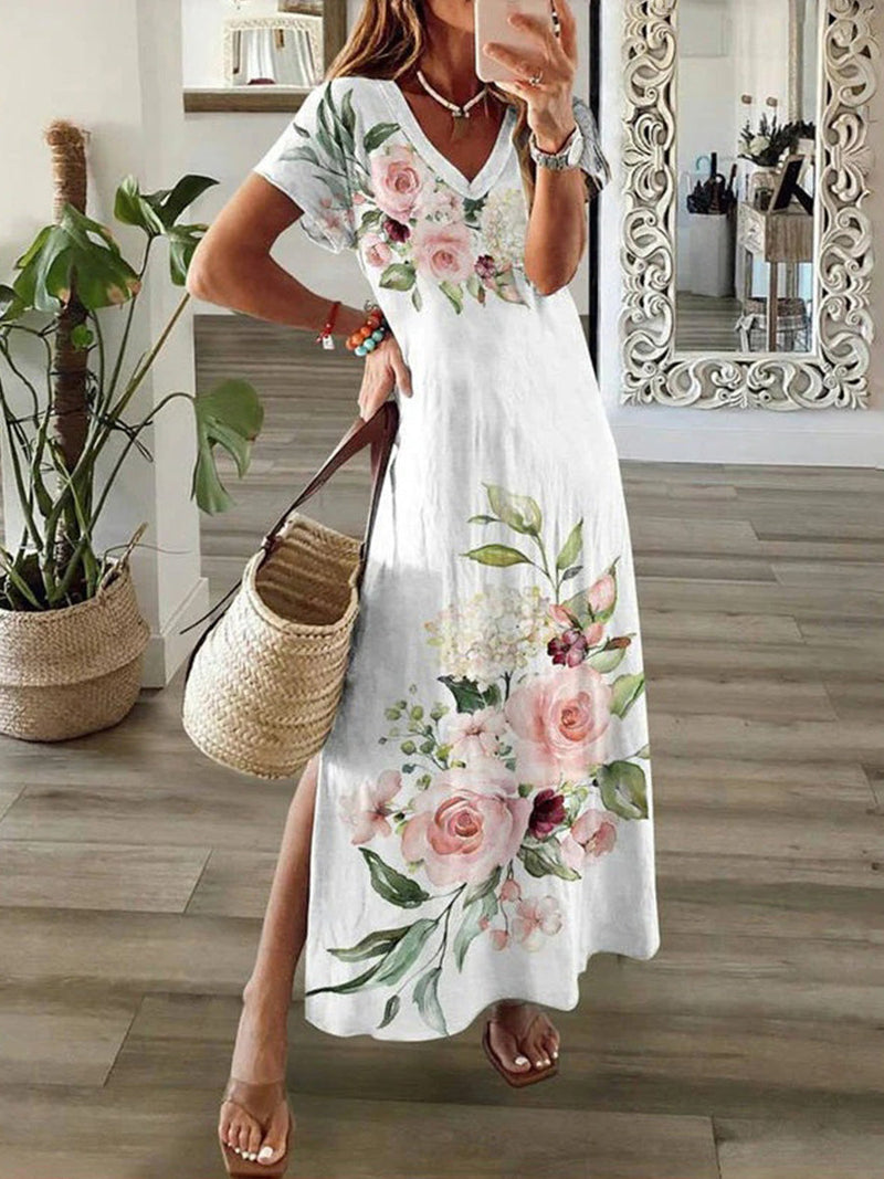 Simple Floral Print V-neck Short Sleeve Dress