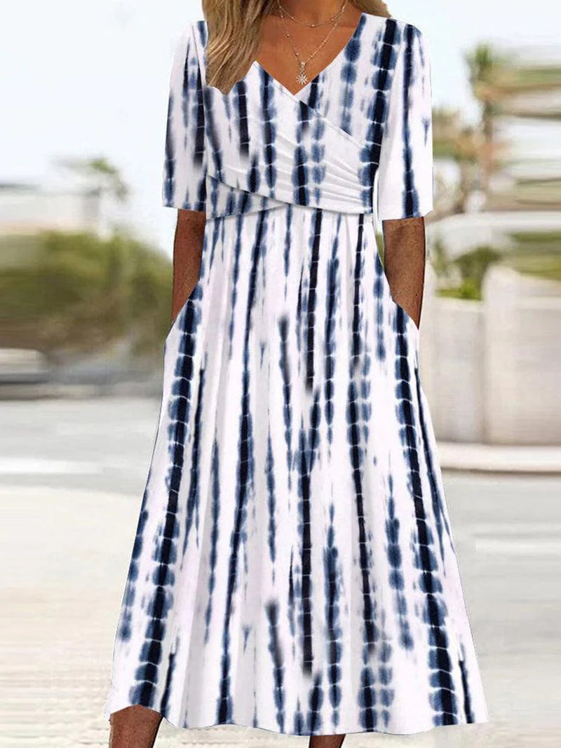 Classy Side Pocket V-neck Short Sleeve Midi Dress